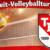 Banner mit Text und Wappen, Volleyball über dem Netz
